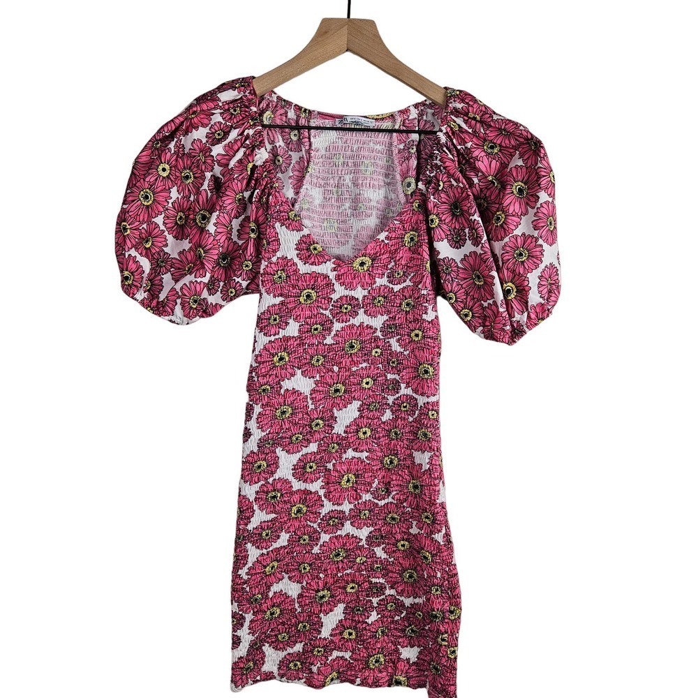 Zara Pink Daisy Puff Sleeve Smocked Bodycon Dress S Floral Balloon Mini